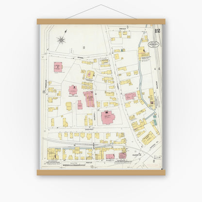 Old map wall art mockup — magnetic wood frame on white wall — Sanborn Fire Insurance Map from Peabody, Essex County, Massachusetts (1903), Sheet #0012