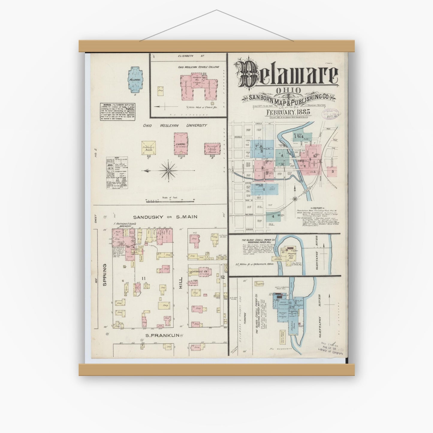 Old map wall art mockup — magnetic wood frame on white wall — Sanborn Fire Insurance Map from Delaware, Delaware County, Ohio (1885) - Complete Map Set