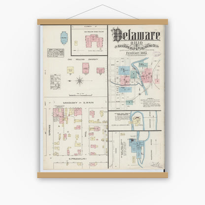 Old map wall art mockup — magnetic wood frame on white wall — Sanborn Fire Insurance Map from Delaware, Delaware County, Ohio (1885) - Complete Map Set
