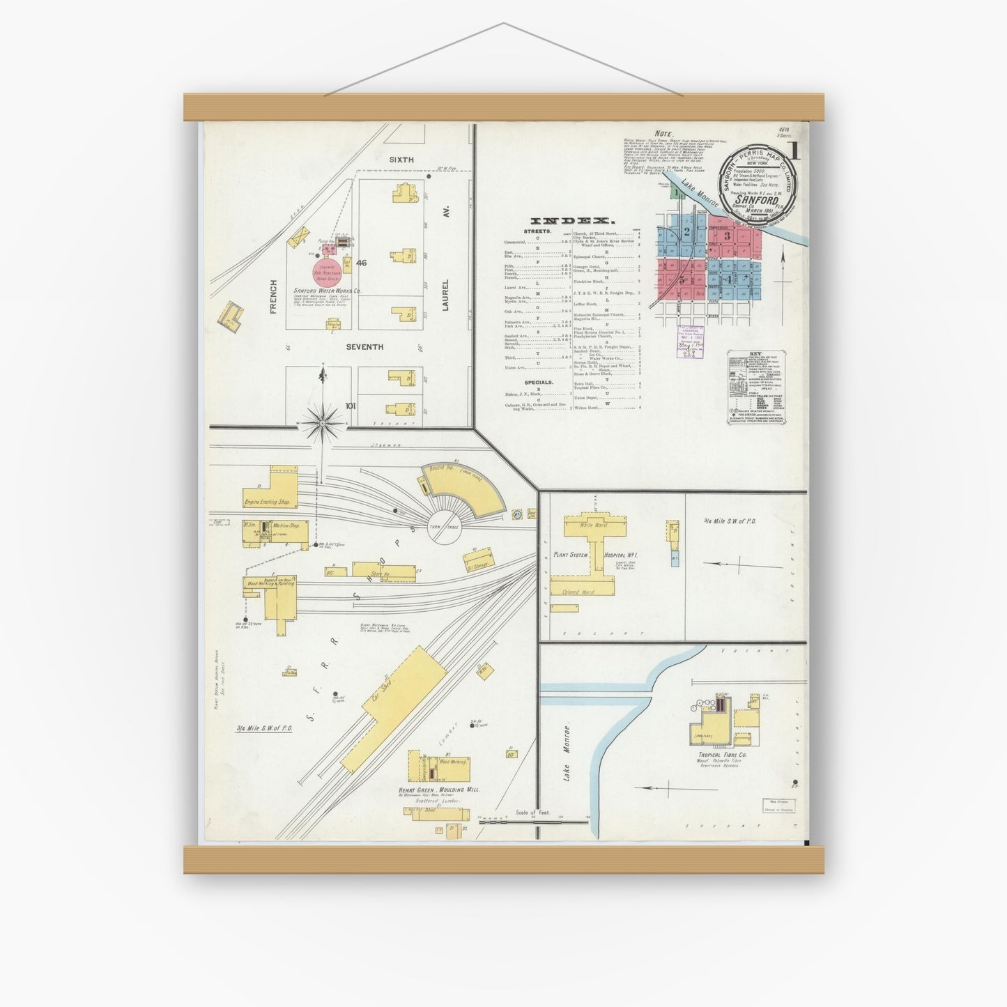 Old map wall art mockup — magnetic wood frame on white wall — Sanborn Fire Insurance Map from Sanford, Seminole County, Florida (1901) - Complete Map Set