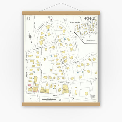 Old map wall art mockup — magnetic wood frame on white wall — Sanborn Fire Insurance Map from Melrose, Middlesex County, Massachusetts (1923), Sheet #0021