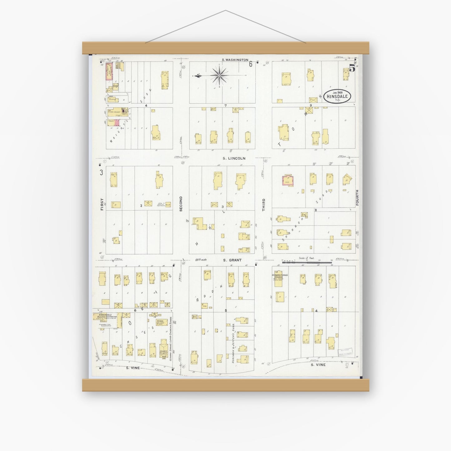 Old map wall art mockup — magnetic wood frame on white wall — Sanborn Fire Insurance Map from Hinsdale, Du Page And Cook Counties, Illinois (1909), Sheet #0005