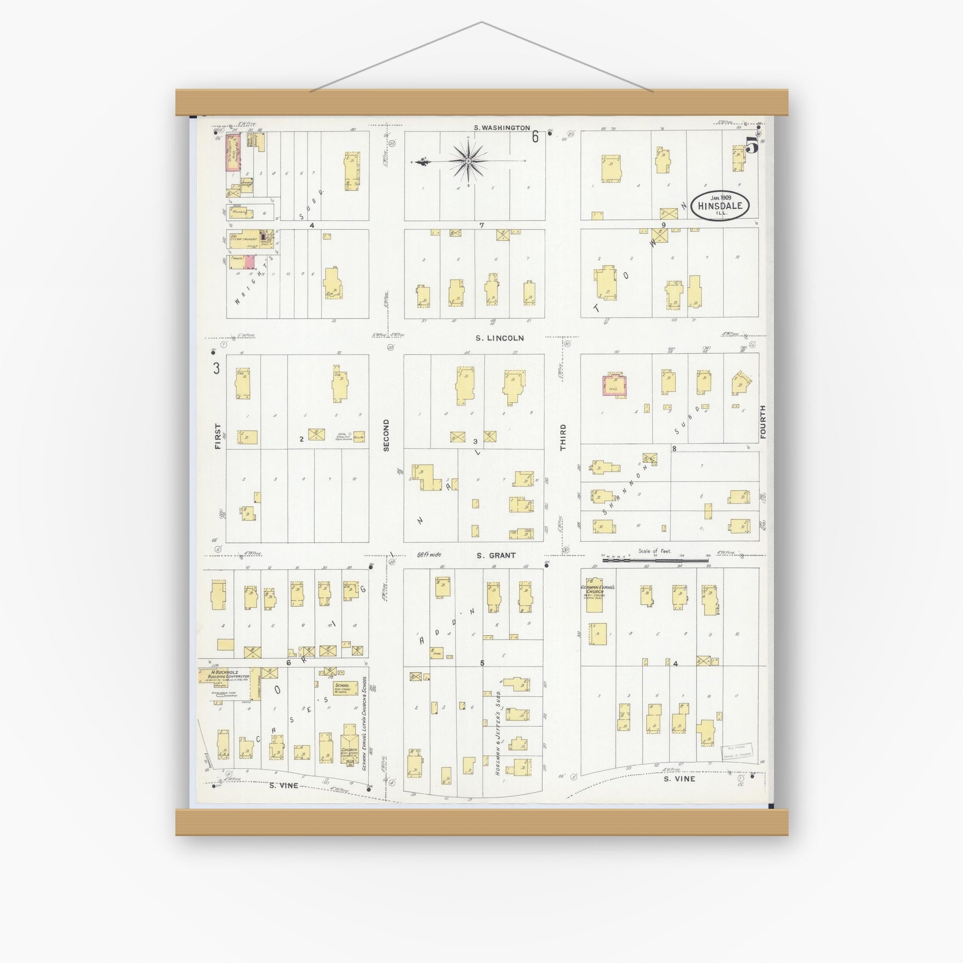 Old map wall art mockup — magnetic wood frame on white wall — Sanborn Fire Insurance Map from Hinsdale, Du Page And Cook Counties, Illinois (1909), Sheet #0005