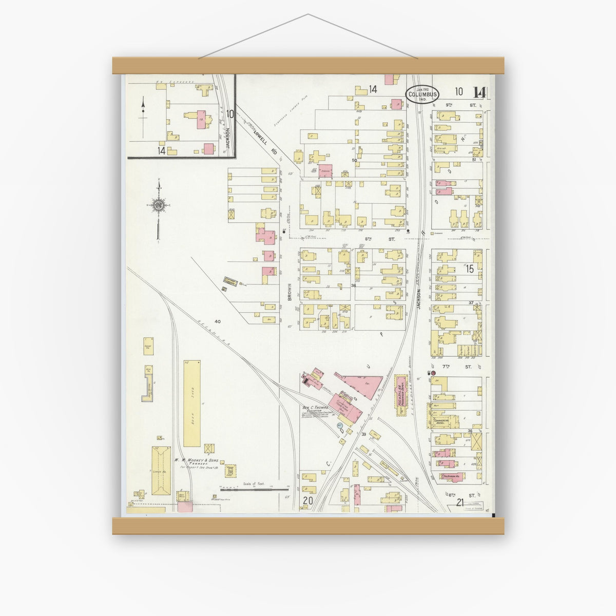 Old map wall art mockup — magnetic wood frame on white wall — Sanborn Fire Insurance Map from Columbus, Bartholomew County, Indiana (1912), Sheet #0014
