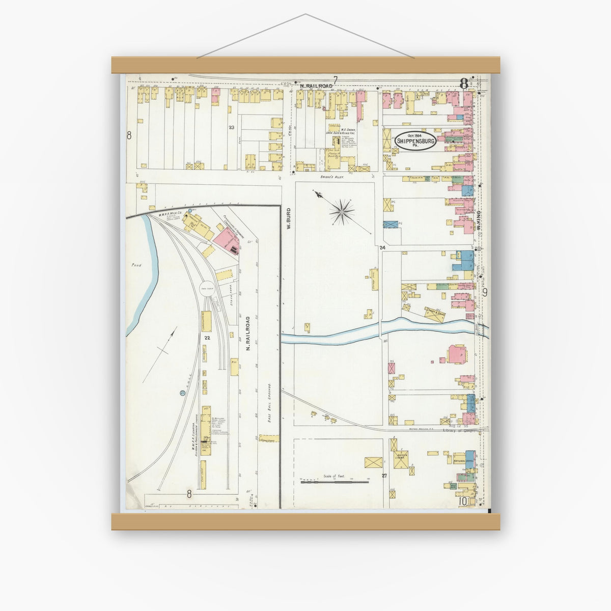 Old map wall art mockup — magnetic wood frame on white wall — Sanborn Fire Insurance Map from Shippensburg, Cumberland And Franklin Counties, Pennsylvania (1904), Sheet #0008