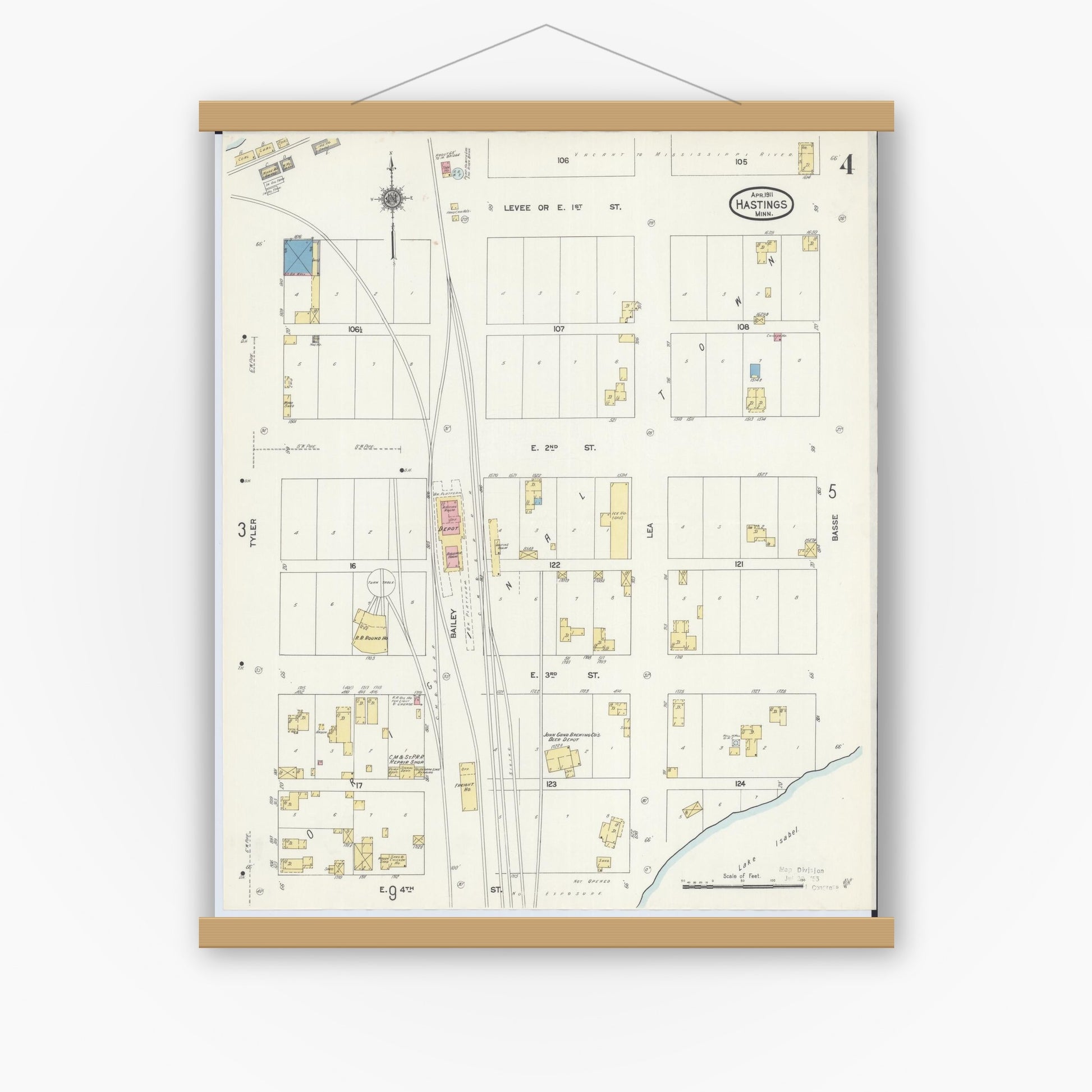 Old map wall art mockup — magnetic wood frame on white wall — Sanborn Fire Insurance Map from Hastings, Dakota County, Minnesota (1911), Sheet #0004