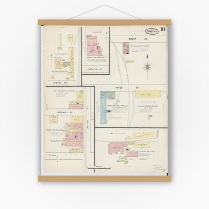 Old map wall art mockup — magnetic wood frame on white wall — Sanborn Fire Insurance Map from Findlay, Hancock County, Ohio (1890), Sheet #0018