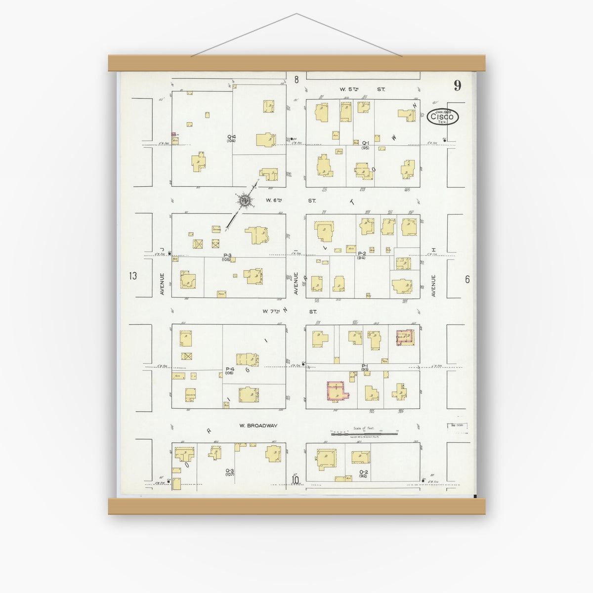 Old map wall art mockup — magnetic wood frame on white wall — Sanborn Fire Insurance Map from Cisco, Eastland County, Texas (1920), Sheet #0009