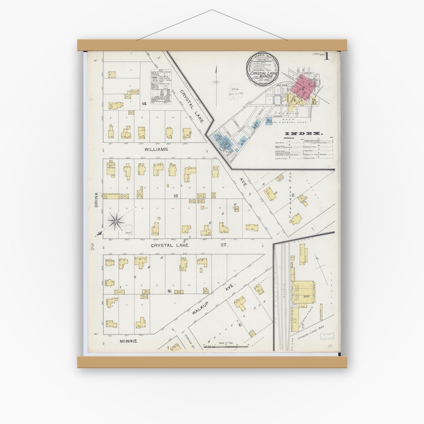 Old map wall art mockup — magnetic wood frame on white wall — Sanborn Fire Insurance Map from Crystal Lake, McHenry County, Illinois (1893), Sheet #0001