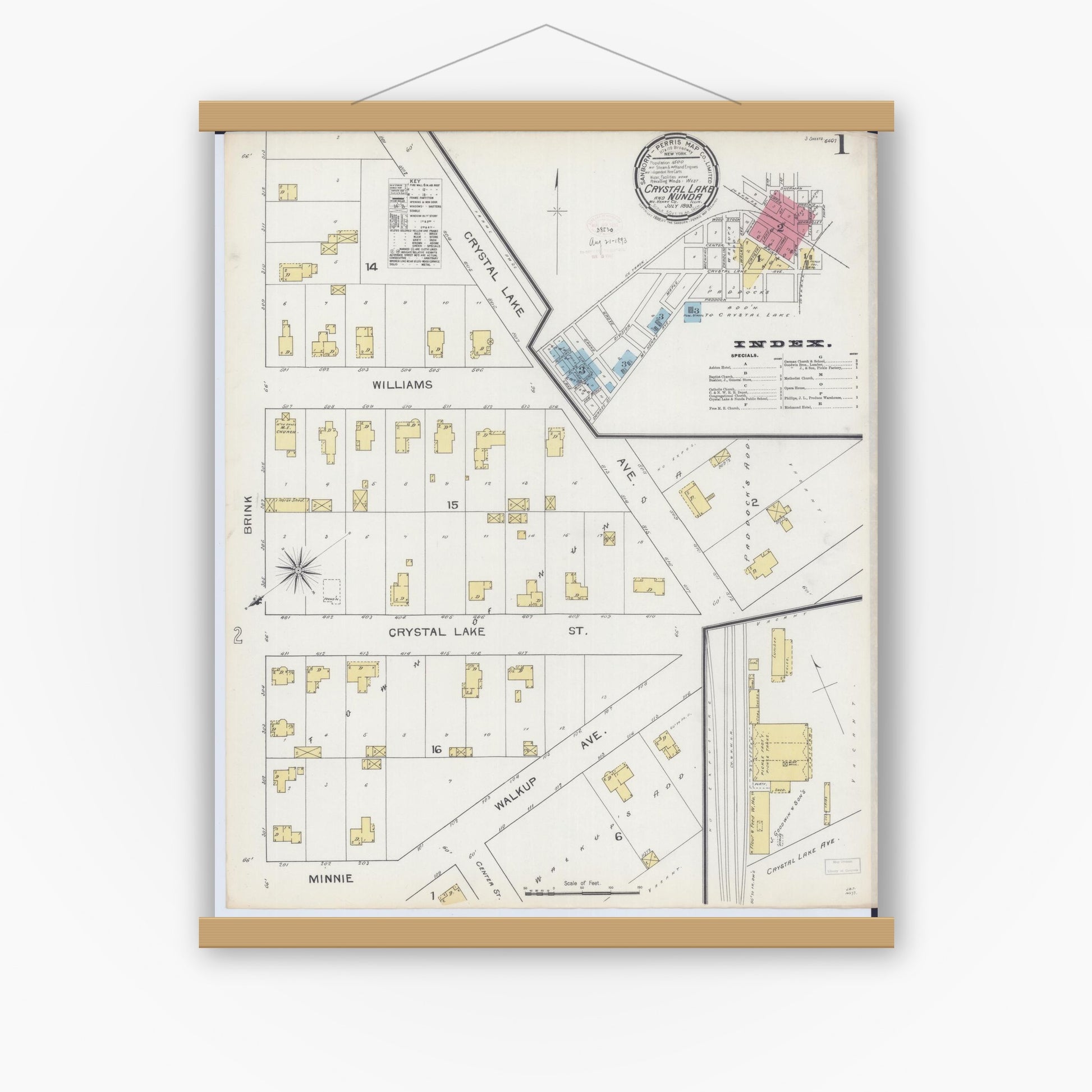 Old map wall art mockup — magnetic wood frame on white wall — Sanborn Fire Insurance Map from Crystal Lake, McHenry County, Illinois (1893), Sheet #0001
