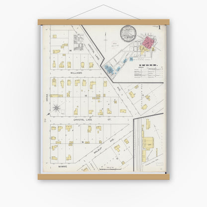 Old map wall art mockup — magnetic wood frame on white wall — Sanborn Fire Insurance Map from Crystal Lake, McHenry County, Illinois (1893), Sheet #0001