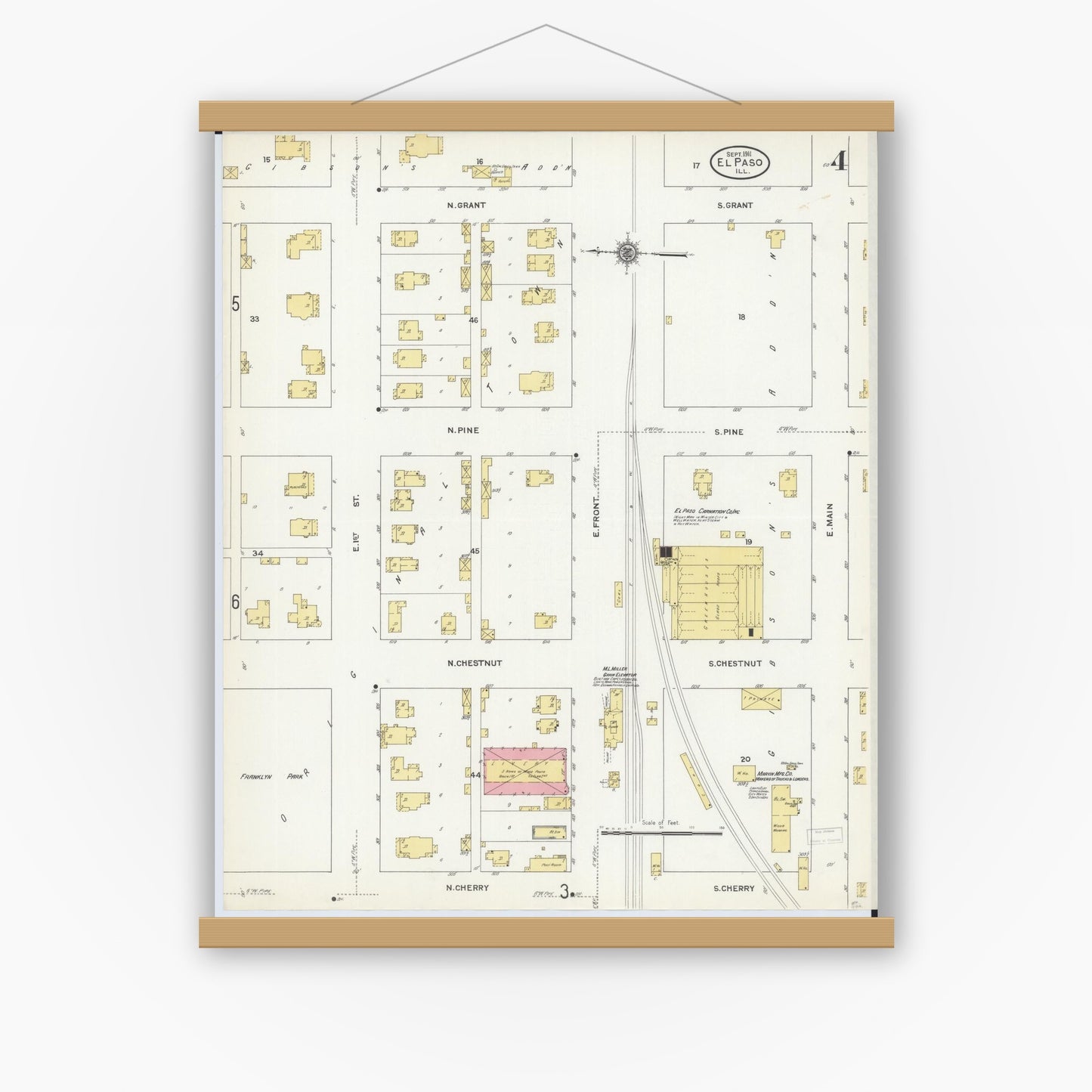 Old map wall art mockup — magnetic wood frame on white wall — Sanborn Fire Insurance Map from El Paso, Woodford County, Illinois (1911), Sheet #0004