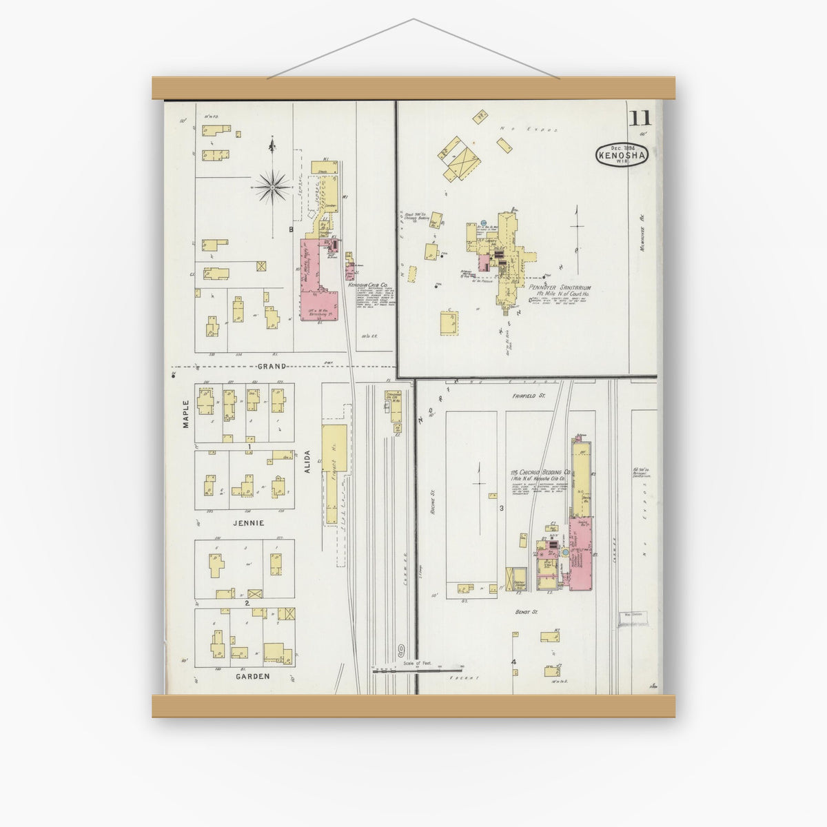 Old map wall art mockup — magnetic wood frame on white wall — Sanborn Fire Insurance Map from Kenosha, Kenosha County, Wisconsin (1894), Sheet #0011