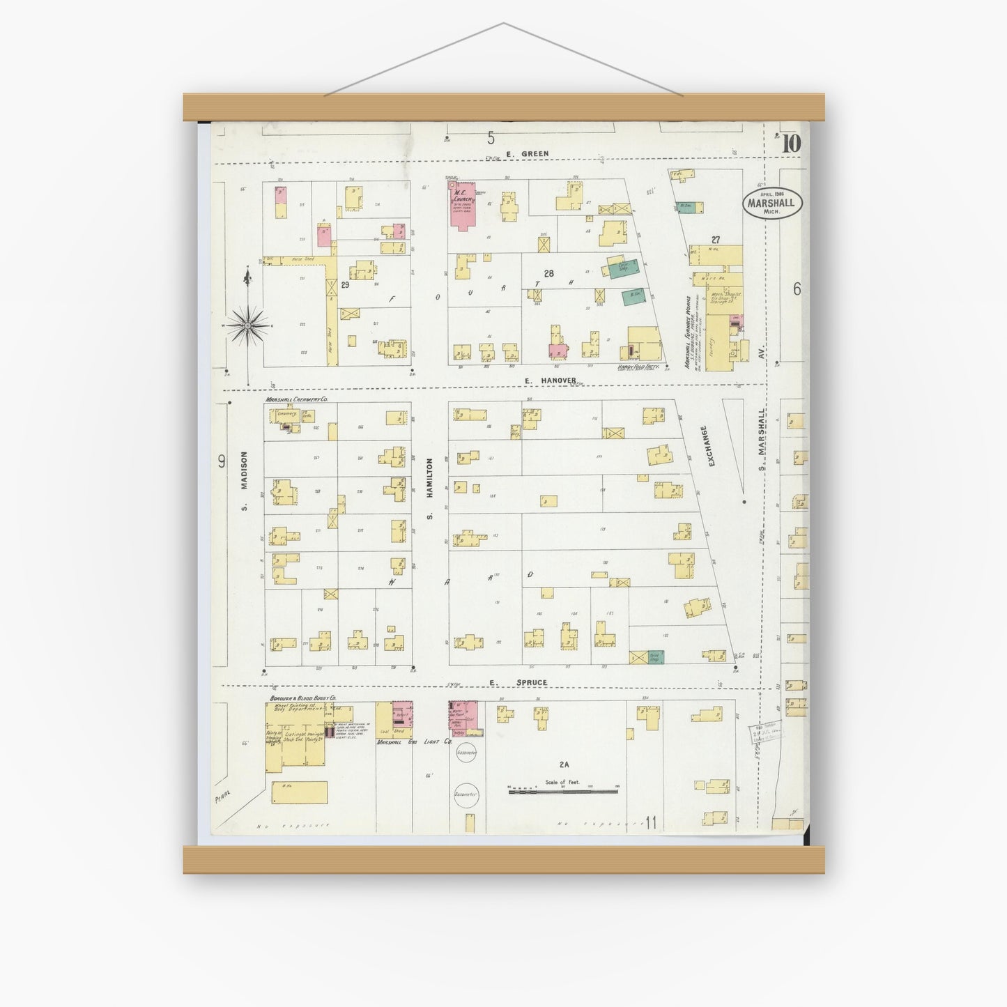 Old map wall art mockup — magnetic wood frame on white wall — Sanborn Fire Insurance Map from Marshall, Calhoun County, Michigan (1906), Sheet #0010