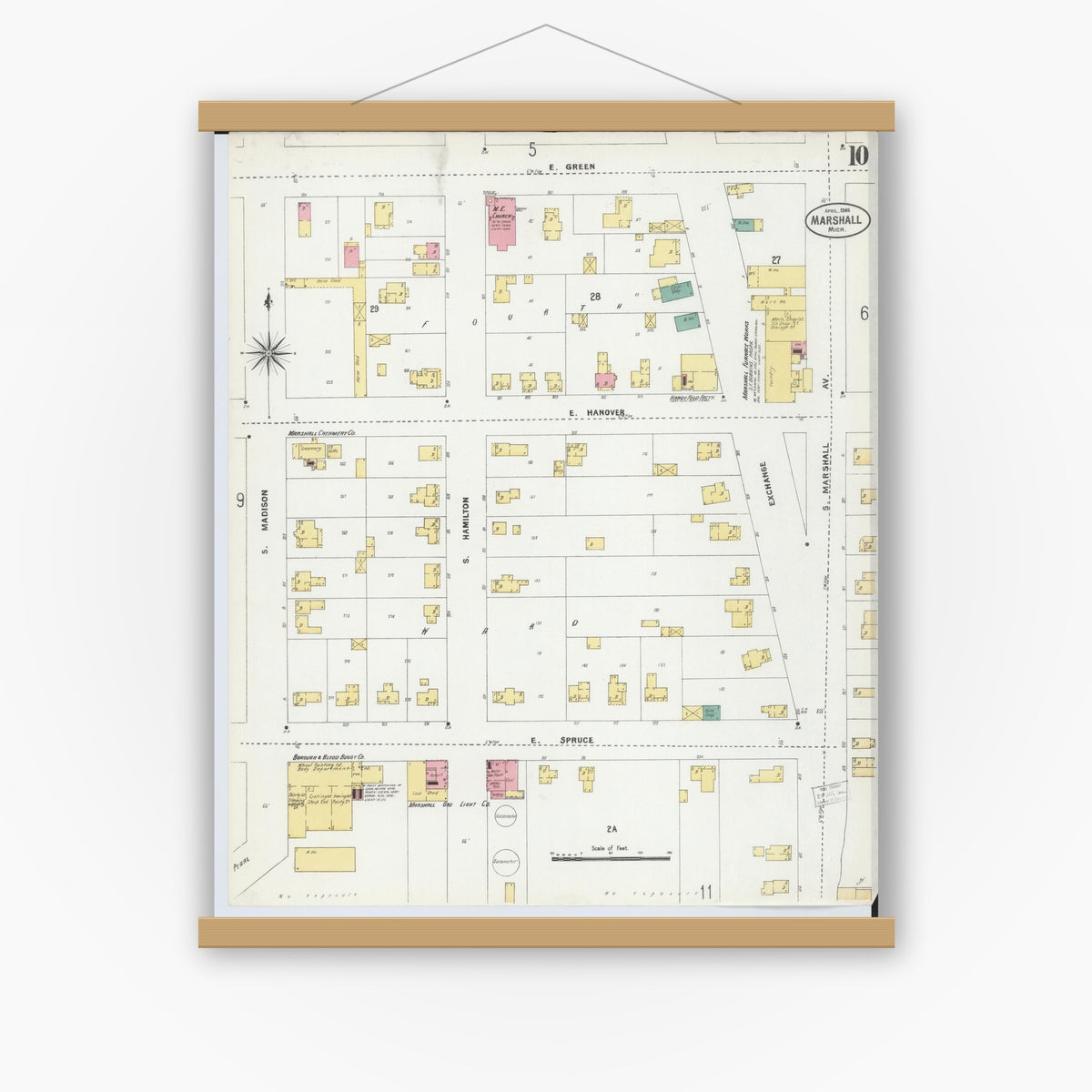 Old map wall art mockup — magnetic wood frame on white wall — Sanborn Fire Insurance Map from Marshall, Calhoun County, Michigan (1906), Sheet #0010