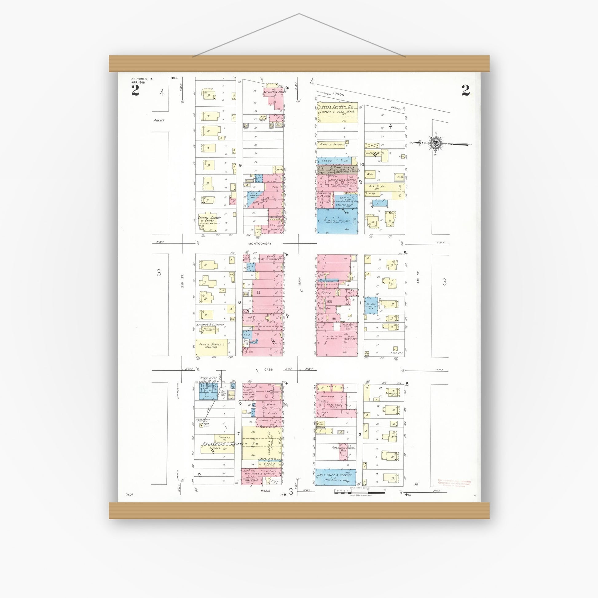 Old map wall art mockup — magnetic wood frame on white wall — Sanborn Fire Insurance Map from Griswold, Cass County, Iowa (1948), Sheet #0002