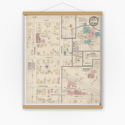Old map wall art mockup — magnetic wood frame on white wall — Sanborn Fire Insurance Map from Bucyrus, Crawford County, Ohio (1884) - Complete Map Set