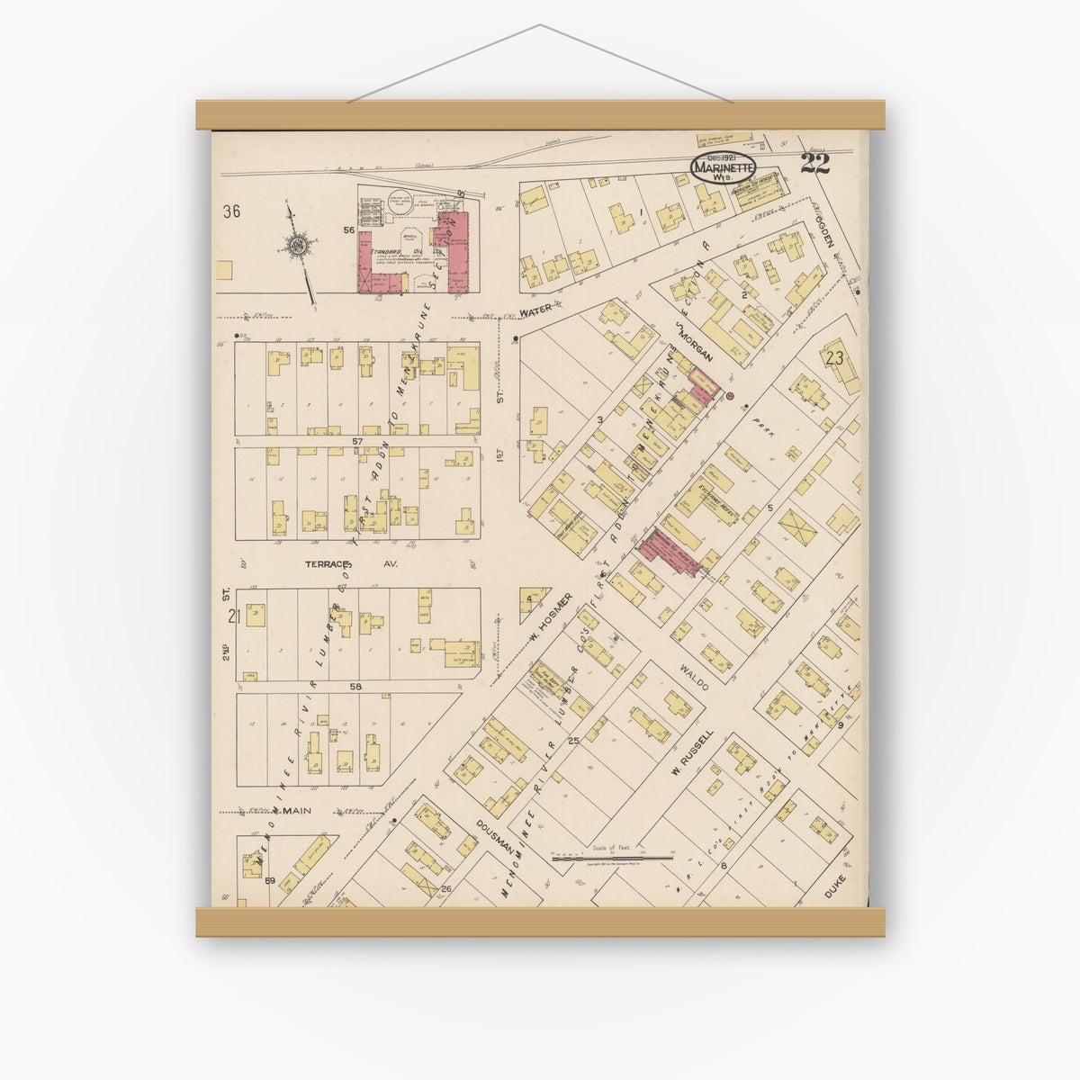 Old map wall art mockup — magnetic wood frame on white wall — Sanborn Fire Insurance Map from Marinette, Marinette County, Wisconsin (1921), Sheet #0022
