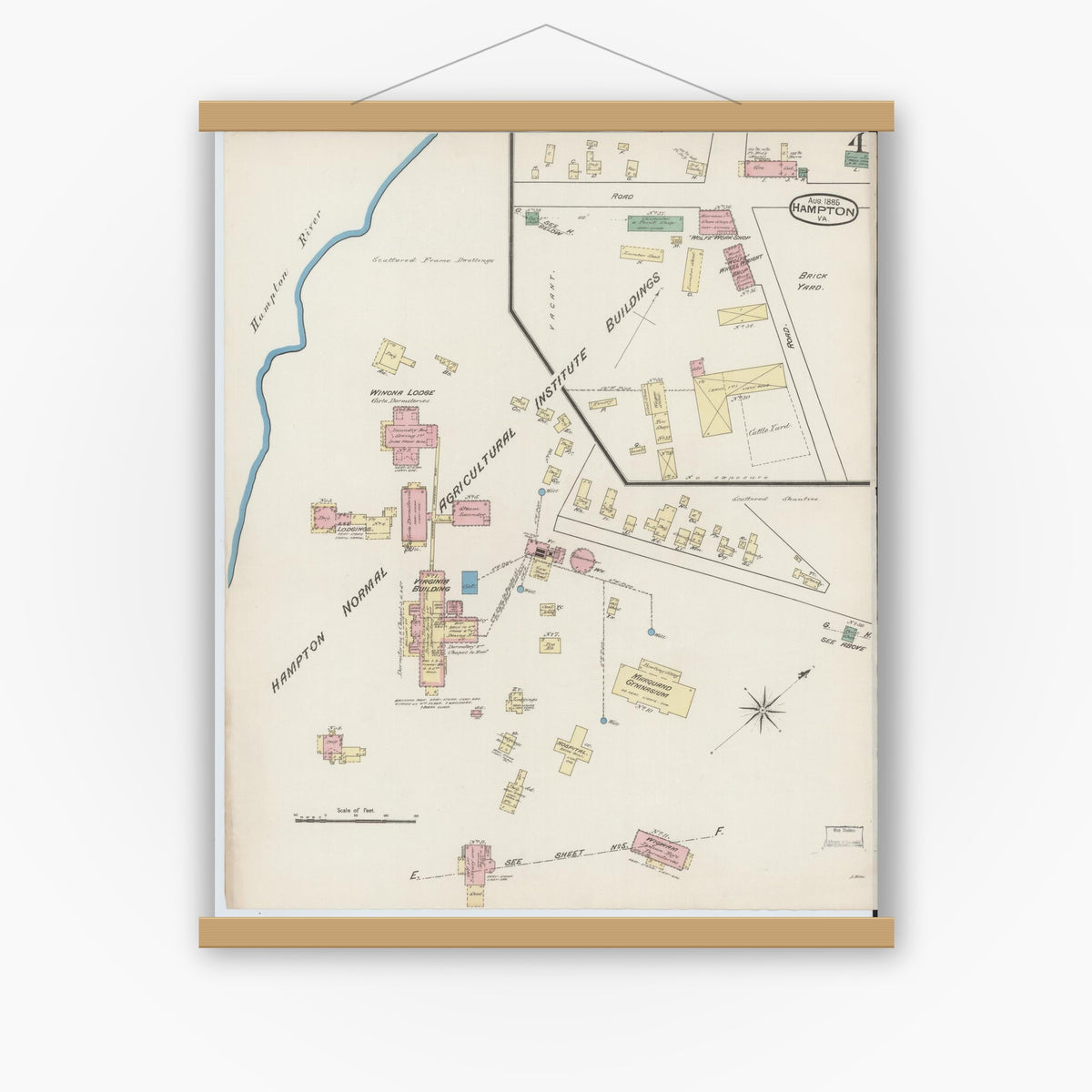 Old map wall art mockup — magnetic wood frame on white wall — Sanborn Fire Insurance Map from Hampton, Independent Cities, Virginia (1885), Sheet #0004