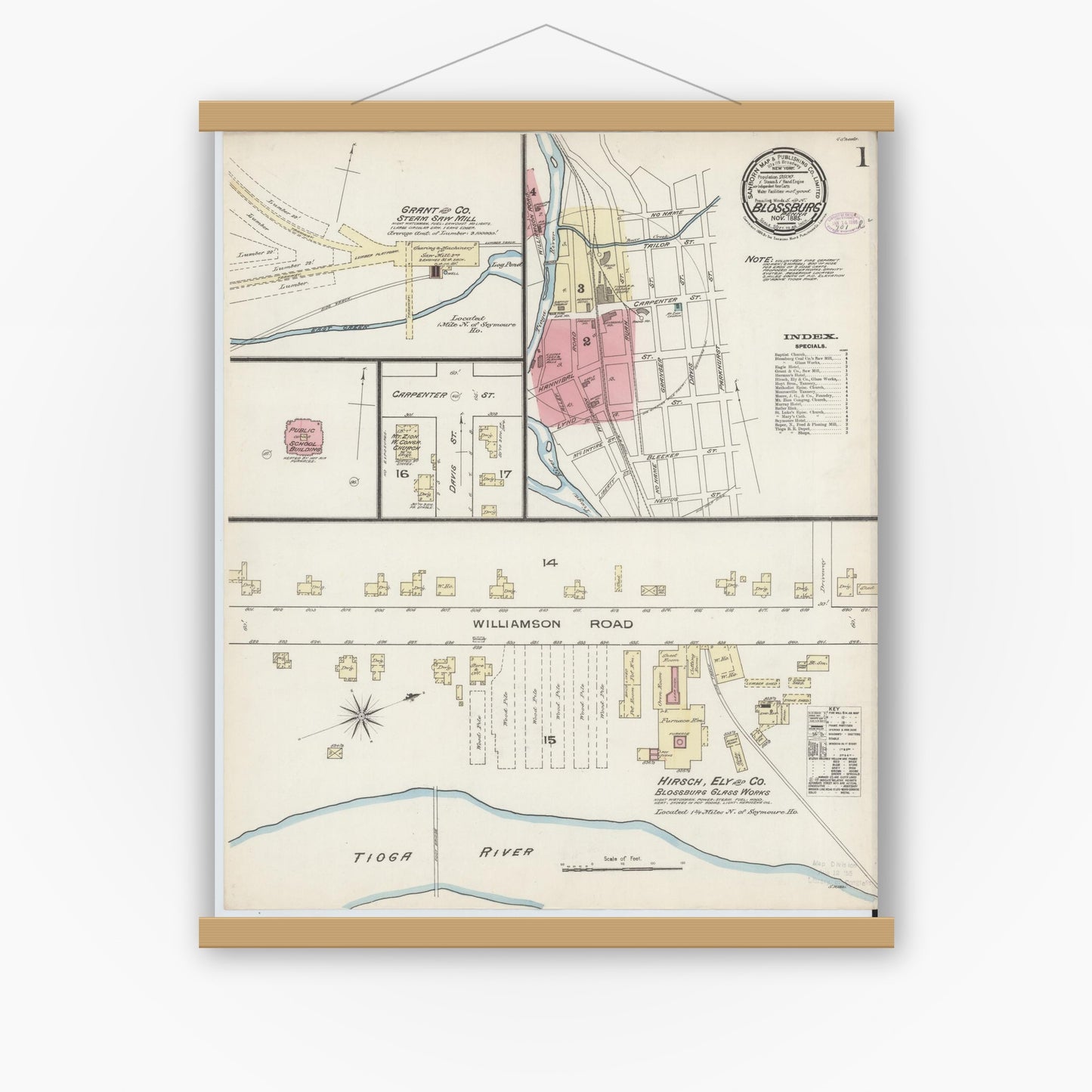 Old map wall art mockup — magnetic wood frame on white wall — Sanborn Fire Insurance Map from Blossburg, Tioga County, Pennsylvania (1885) - Complete Map Set