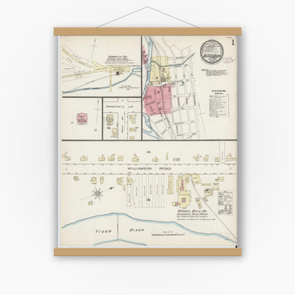 Old map wall art mockup — magnetic wood frame on white wall — Sanborn Fire Insurance Map from Blossburg, Tioga County, Pennsylvania (1885) - Complete Map Set