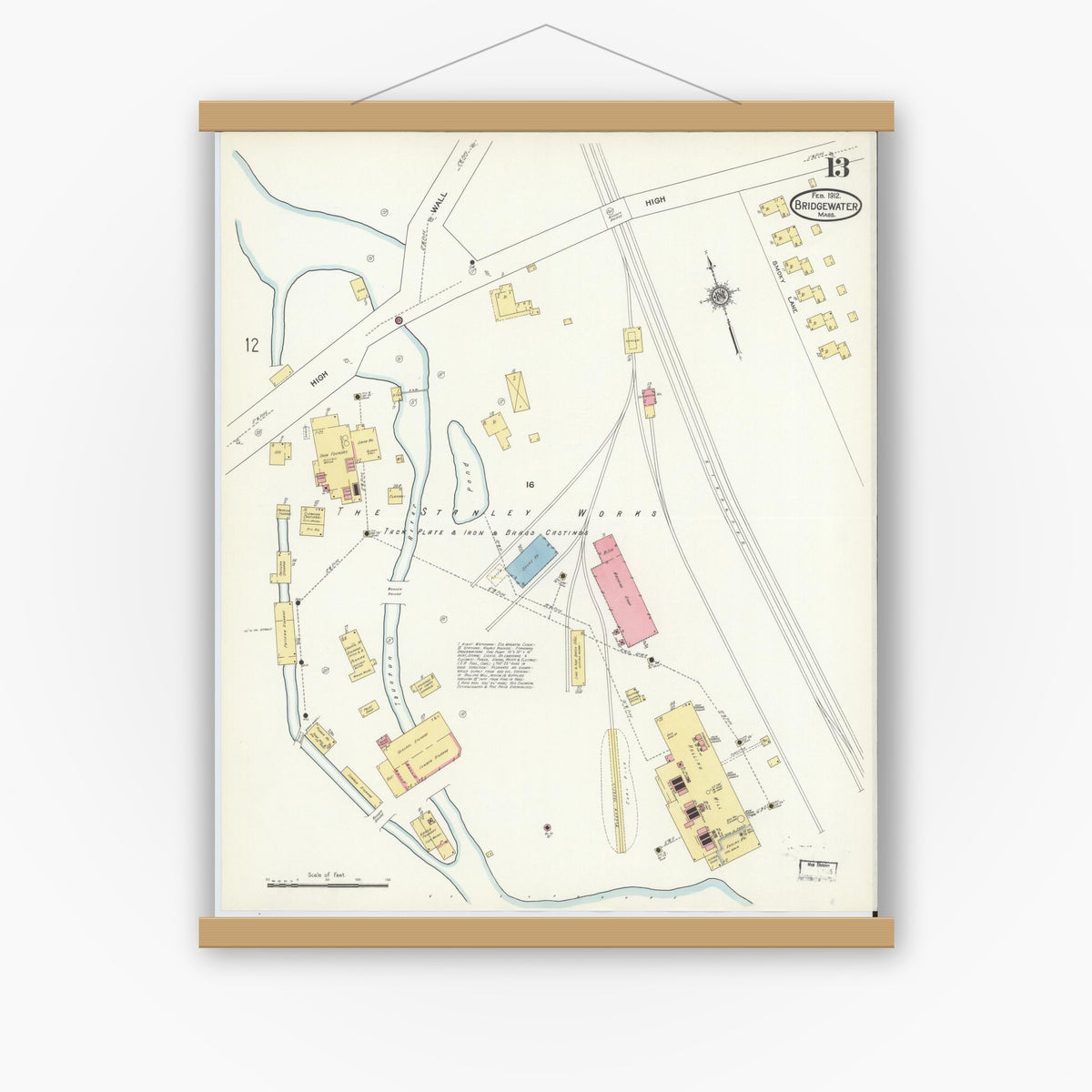 Old map wall art mockup — magnetic wood frame on white wall — Sanborn Fire Insurance Map from Bridgewater, Plymouth County, Massachusetts (1912), Sheet #0013