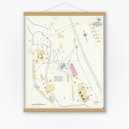 Old map wall art mockup — magnetic wood frame on white wall — Sanborn Fire Insurance Map from Bridgewater, Plymouth County, Massachusetts (1912), Sheet #0013