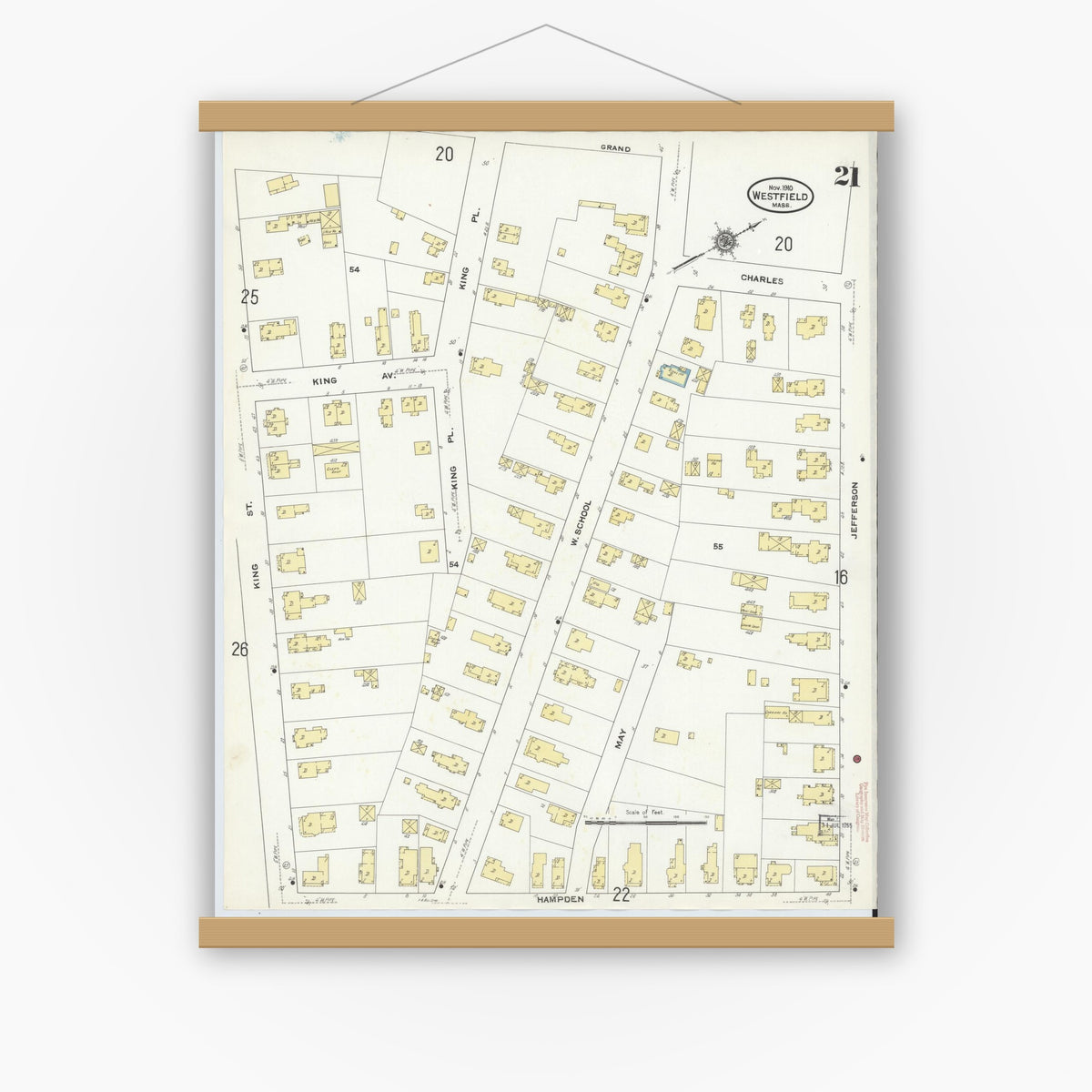 Old map wall art mockup — magnetic wood frame on white wall — Sanborn Fire Insurance Map from Westfield, Hampden County, Massachusetts (1910), Sheet #0021