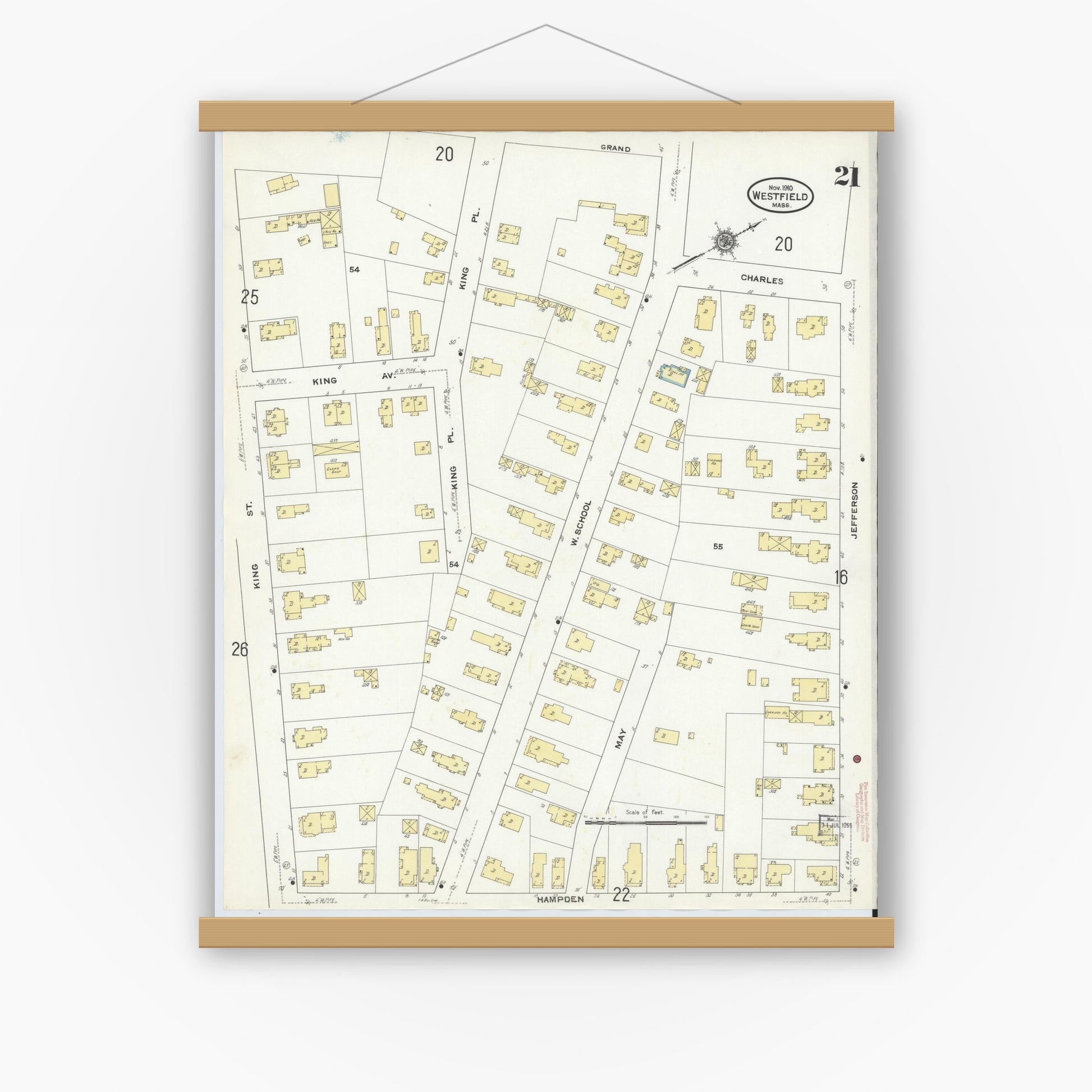 Old map wall art mockup — magnetic wood frame on white wall — Sanborn Fire Insurance Map from Westfield, Hampden County, Massachusetts (1910), Sheet #0021