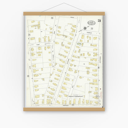 Old map wall art mockup — magnetic wood frame on white wall — Sanborn Fire Insurance Map from Westfield, Hampden County, Massachusetts (1910), Sheet #0021