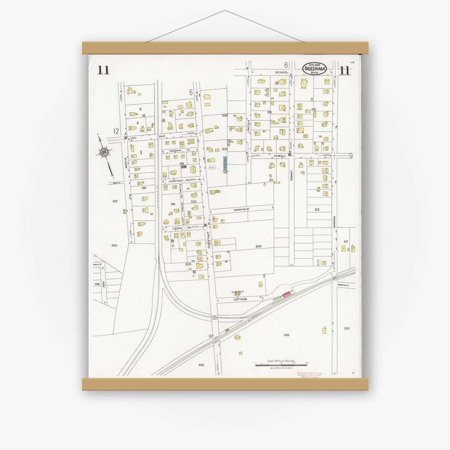 Old map wall art mockup — magnetic wood frame on white wall — Sanborn Fire Insurance Map from Needham, Norfolk County, Massachusetts (1926), Sheet #0011