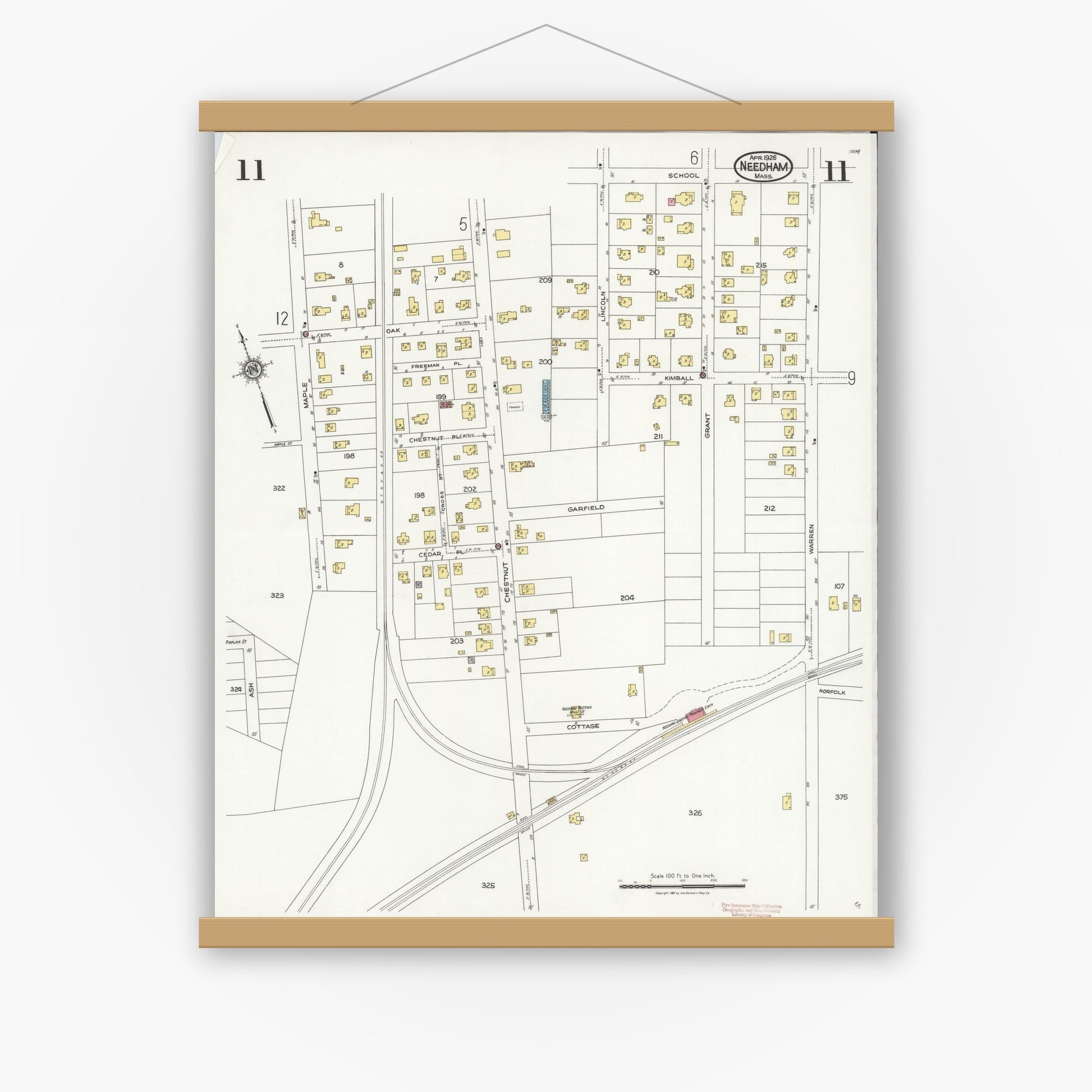 Old map wall art mockup — magnetic wood frame on white wall — Sanborn Fire Insurance Map from Needham, Norfolk County, Massachusetts (1926), Sheet #0011