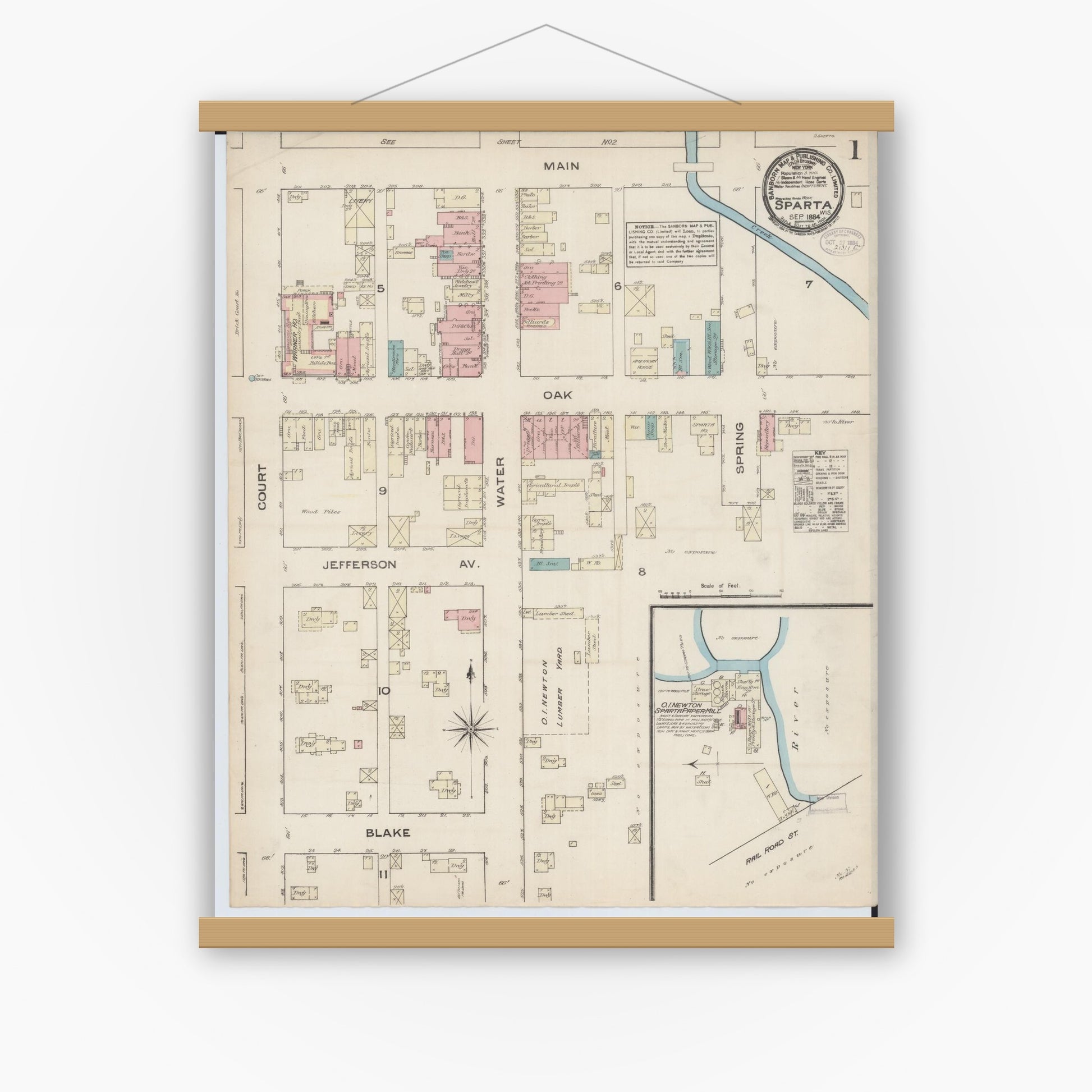 Old map wall art mockup — magnetic wood frame on white wall — Sanborn Fire Insurance Map from Sparta, Monroe County, Wisconsin (1884), Sheet #0001