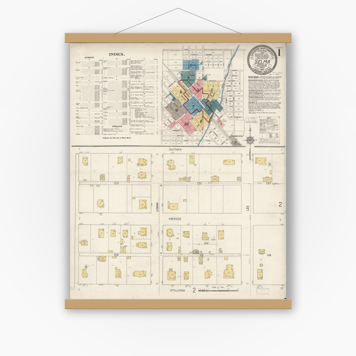 Old map wall art mockup — magnetic wood frame on white wall — Sanborn Fire Insurance Map from Selma, Fresno County, California (1913) - Complete Map Set