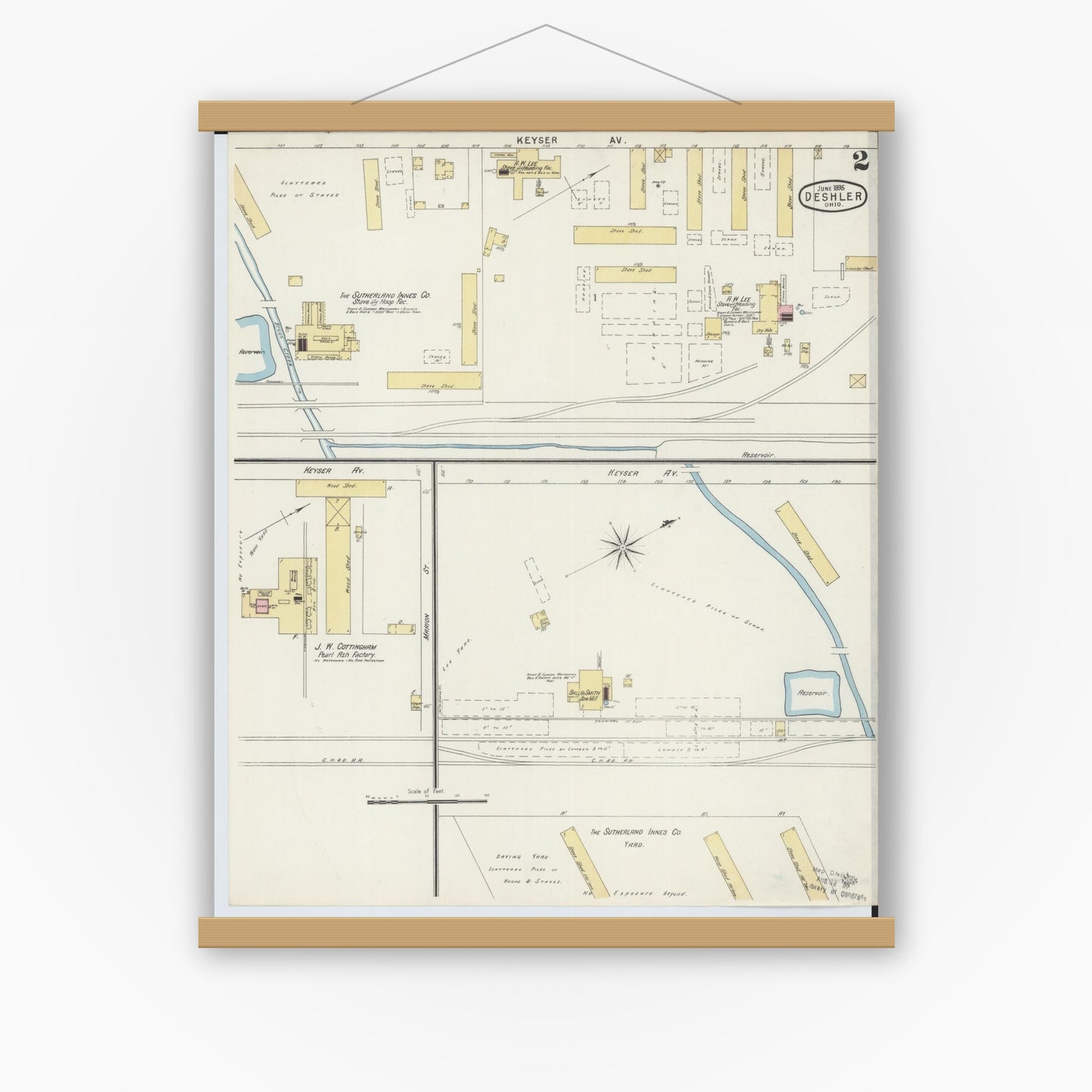 Old map wall art mockup — magnetic wood frame on white wall — Sanborn Fire Insurance Map from Deshler, Henry County, Ohio (1895), Sheet #0002
