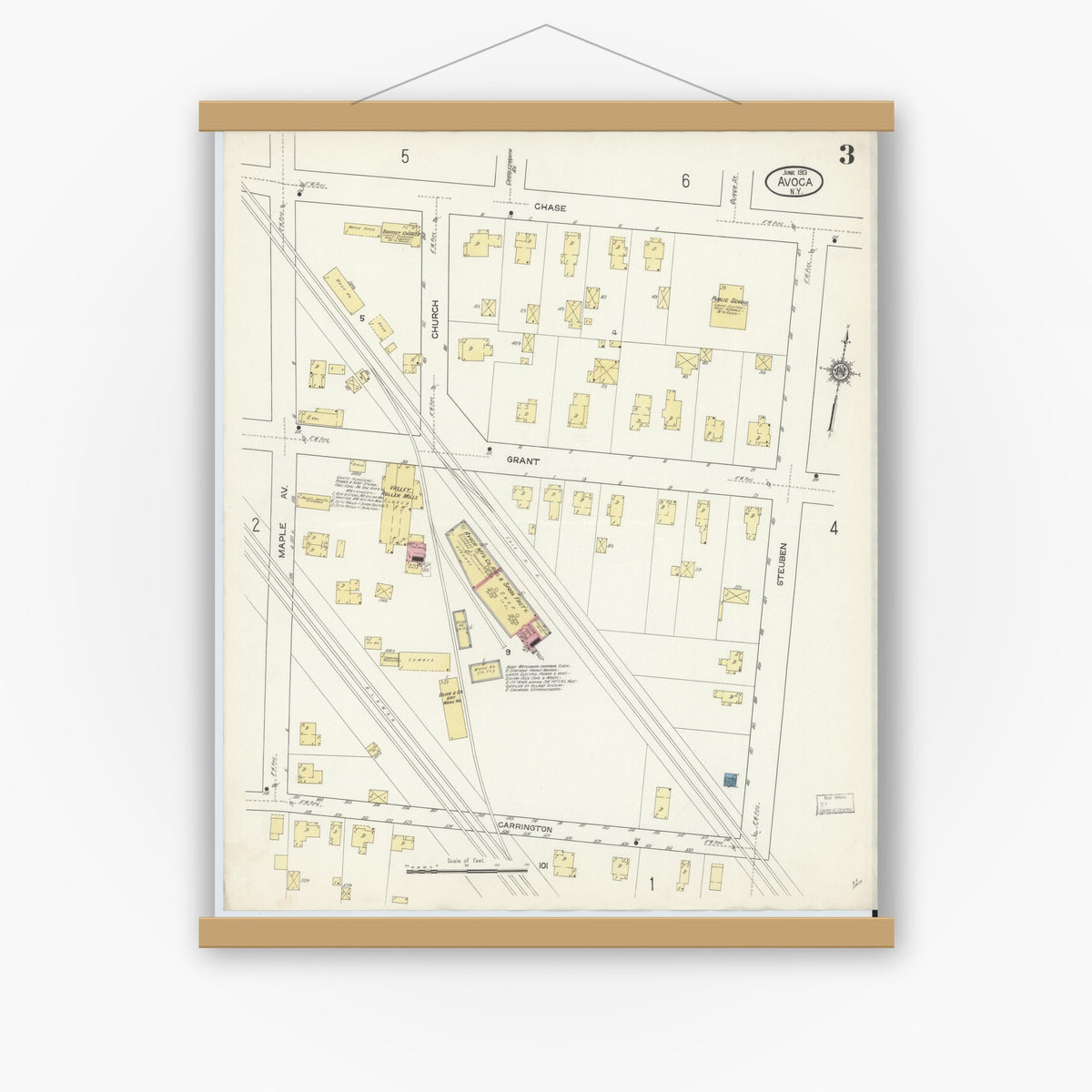Old map wall art mockup — magnetic wood frame on white wall — Sanborn Fire Insurance Map from Avoca, Steuben County, New York (1913), Sheet #0003