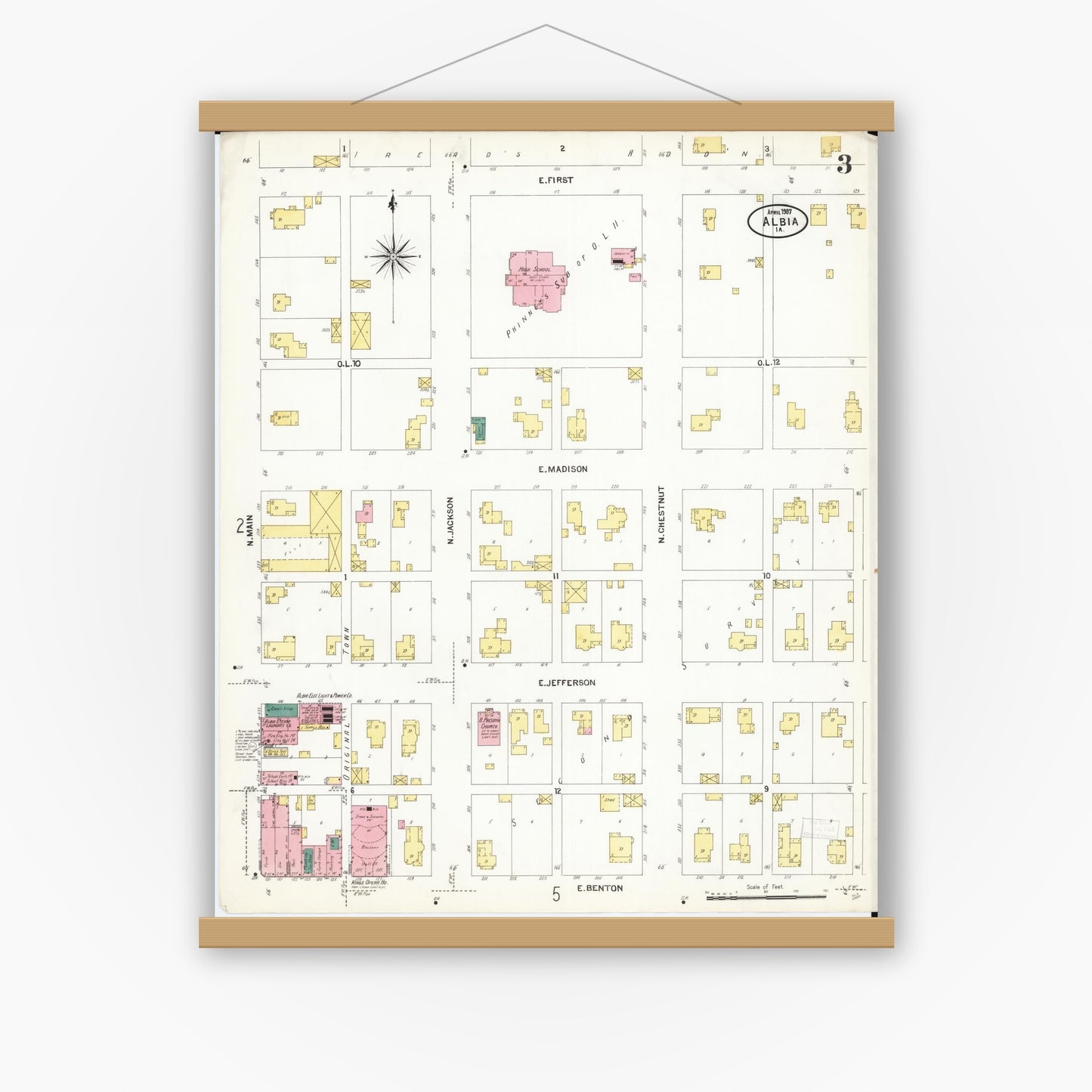 Old map wall art mockup — magnetic wood frame on white wall — Sanborn Fire Insurance Map from Albia, Monroe County, Iowa (1907), Sheet #0003