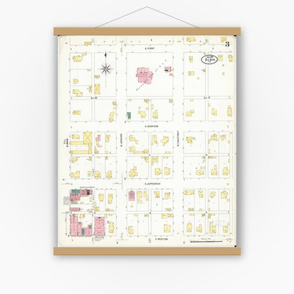 Old map wall art mockup — magnetic wood frame on white wall — Sanborn Fire Insurance Map from Albia, Monroe County, Iowa (1907), Sheet #0003