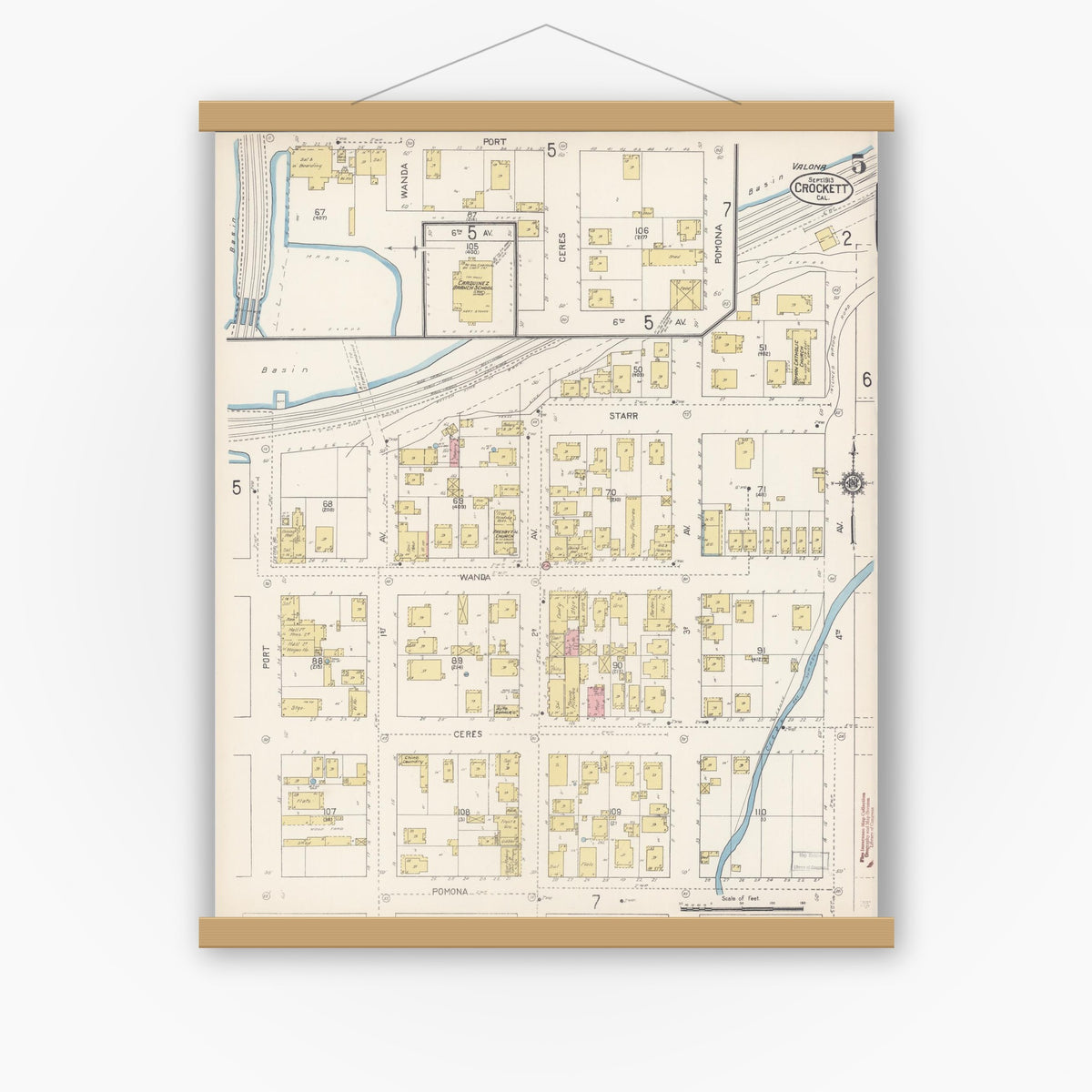 Old map wall art mockup — magnetic wood frame on white wall — Sanborn Fire Insurance Map from Crockett, Contra Costa County, California (1913), Sheet #0005