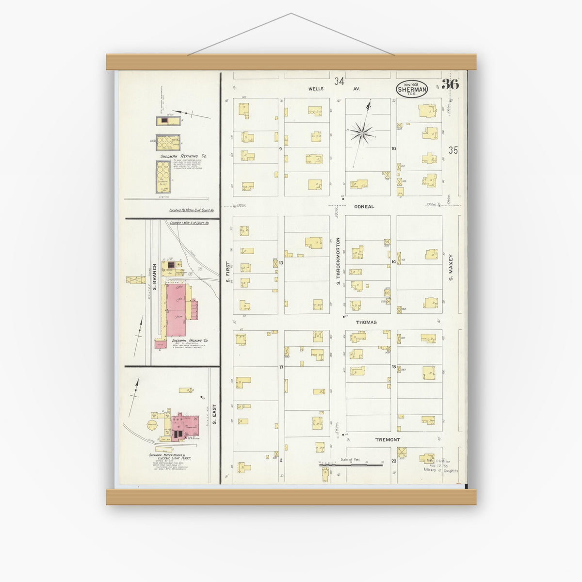 Old map wall art mockup — magnetic wood frame on white wall — Sanborn Fire Insurance Map from Sherman, Grayson County, Texas (1908), Sheet #0036