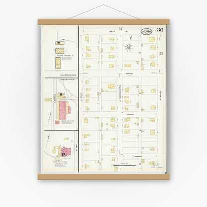 Old map wall art mockup — magnetic wood frame on white wall — Sanborn Fire Insurance Map from Sherman, Grayson County, Texas (1908), Sheet #0036