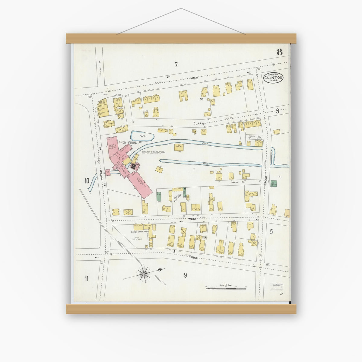 Old map wall art mockup — magnetic wood frame on white wall — Sanborn Fire Insurance Map from Clinton, Worcester County, Massachusetts (1904), Sheet #0008
