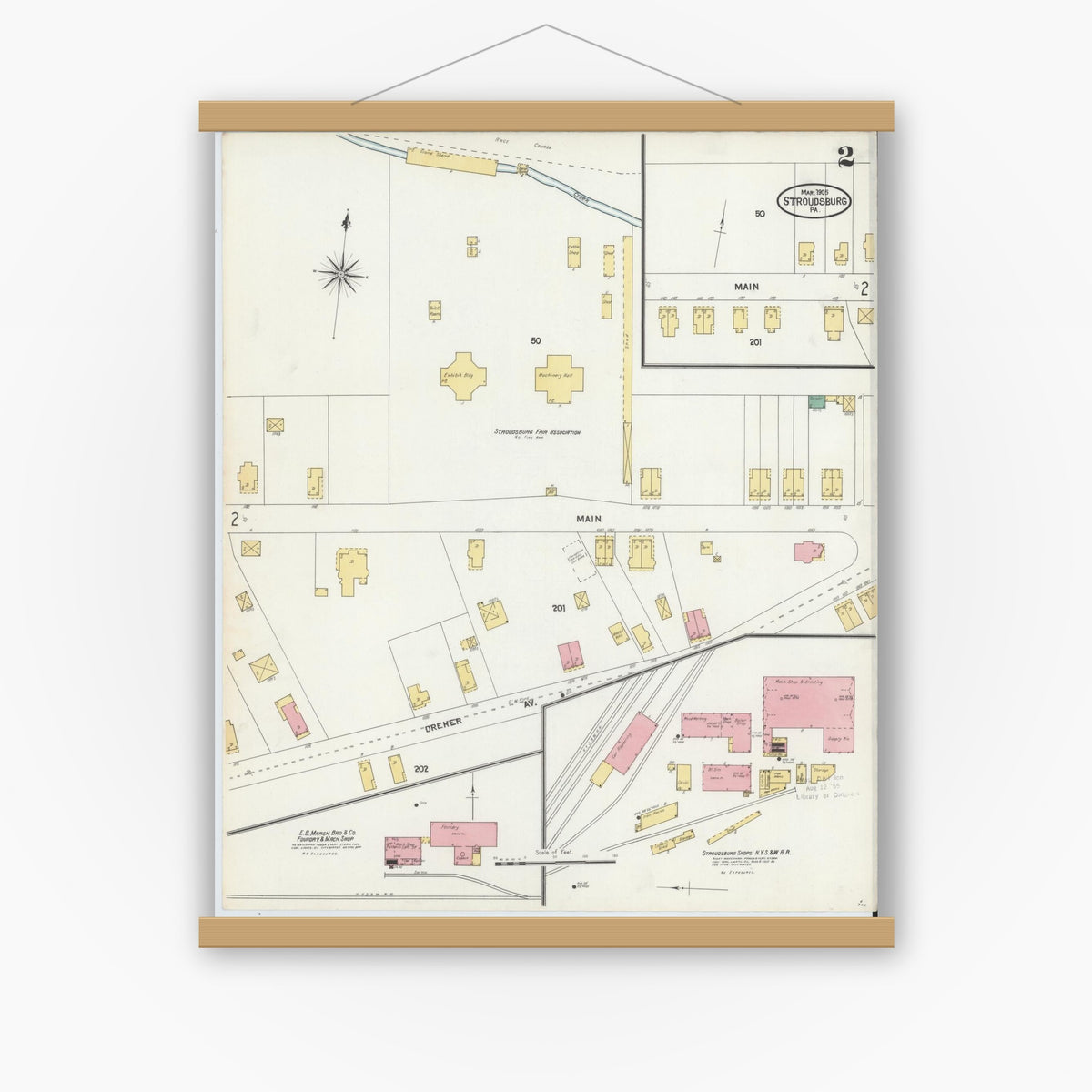 Old map wall art mockup — magnetic wood frame on white wall — Sanborn Fire Insurance Map from Stroudsburg, Monroe County, Pennsylvania (1905), Sheet #0002