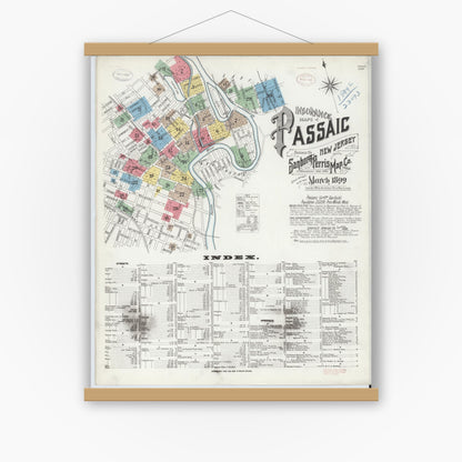 Old map wall art mockup — magnetic wood frame on white wall — Sanborn Fire Insurance Map from Passaic, Passaic County, New Jersey (1899) - Complete Map Set