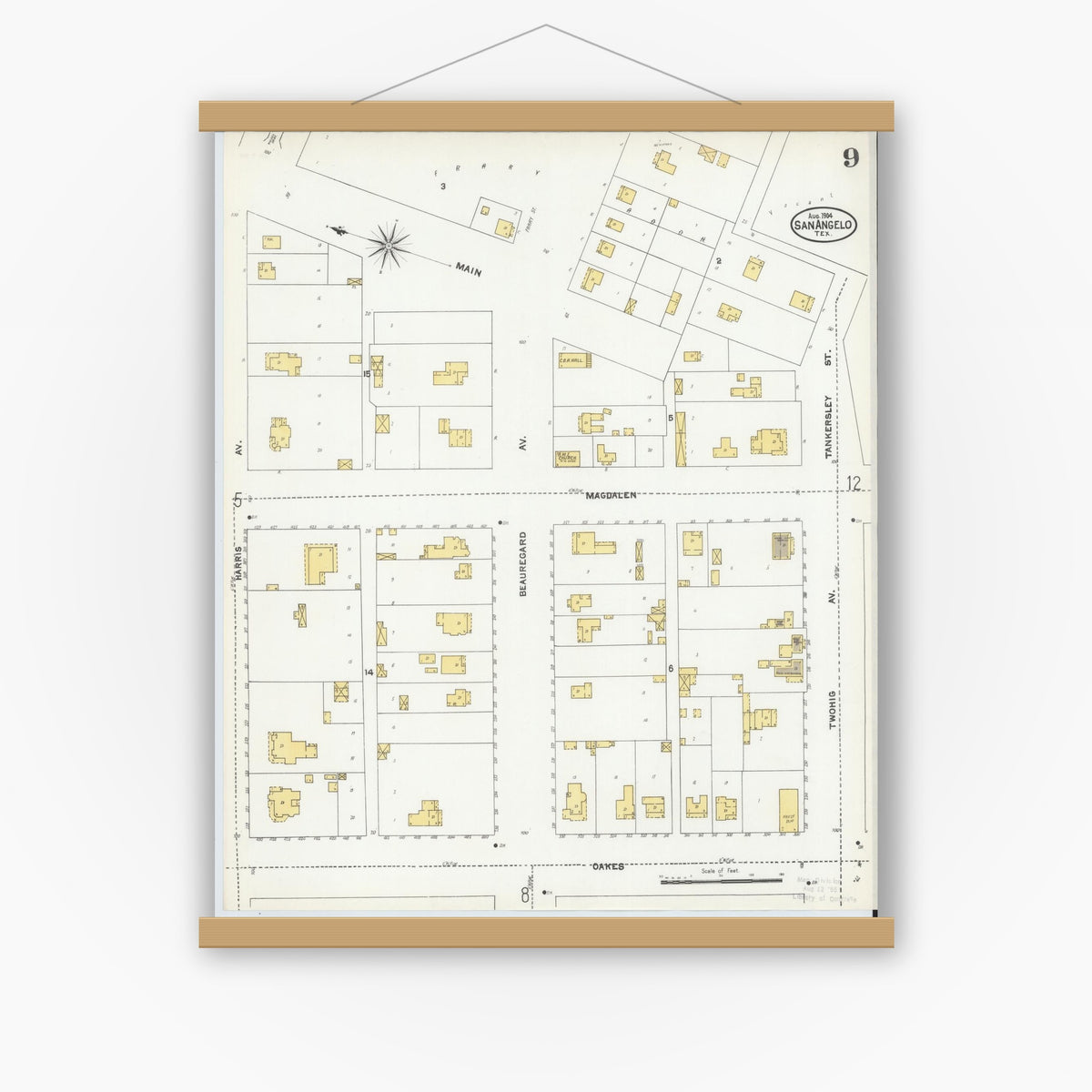 Old map wall art mockup — magnetic wood frame on white wall — Sanborn Fire Insurance Map from San Angelo, Tom Green County, Texas (1904), Sheet #0009