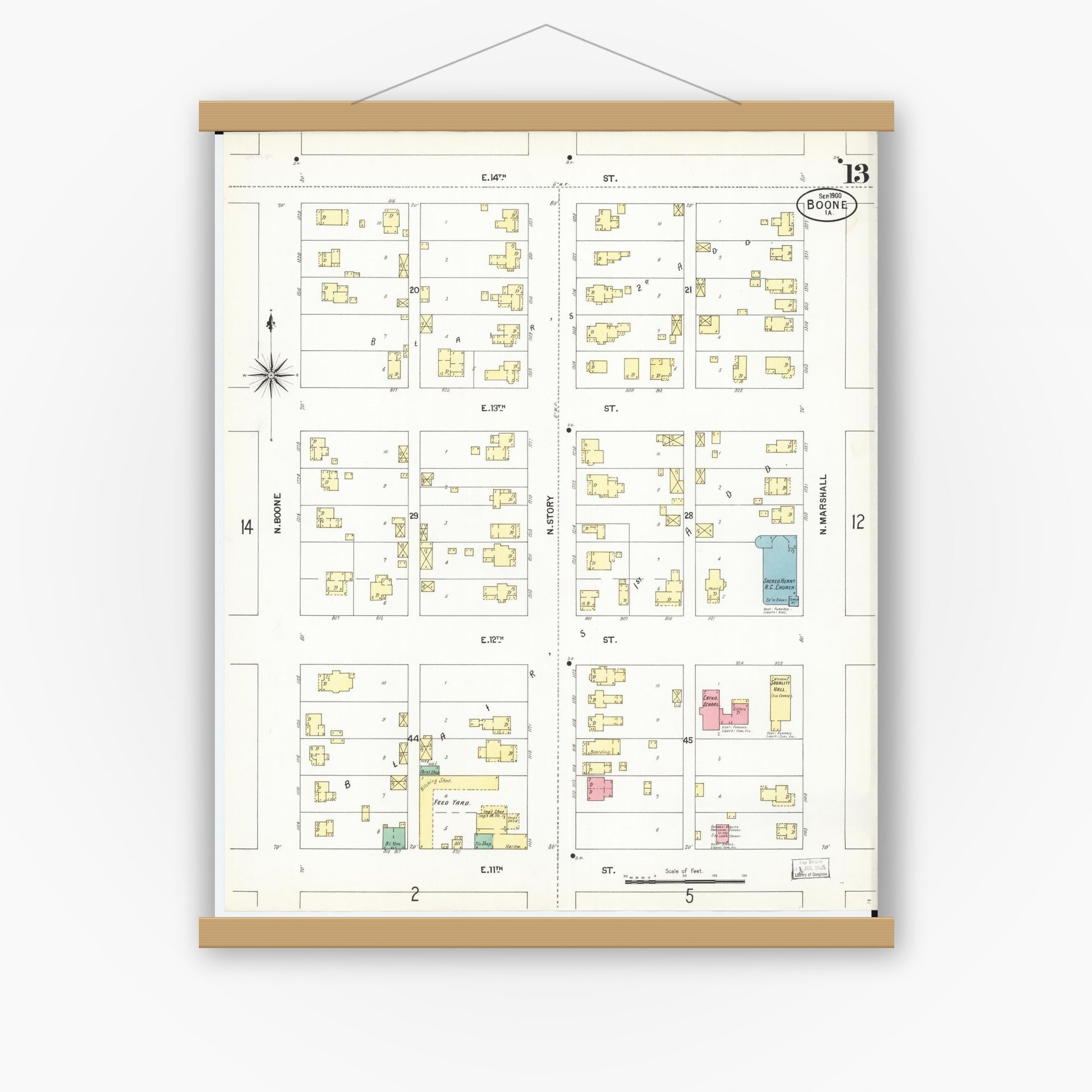 Old map wall art mockup — magnetic wood frame on white wall — Sanborn Fire Insurance Map from Boone, Boone County, Iowa (1900), Sheet #0013