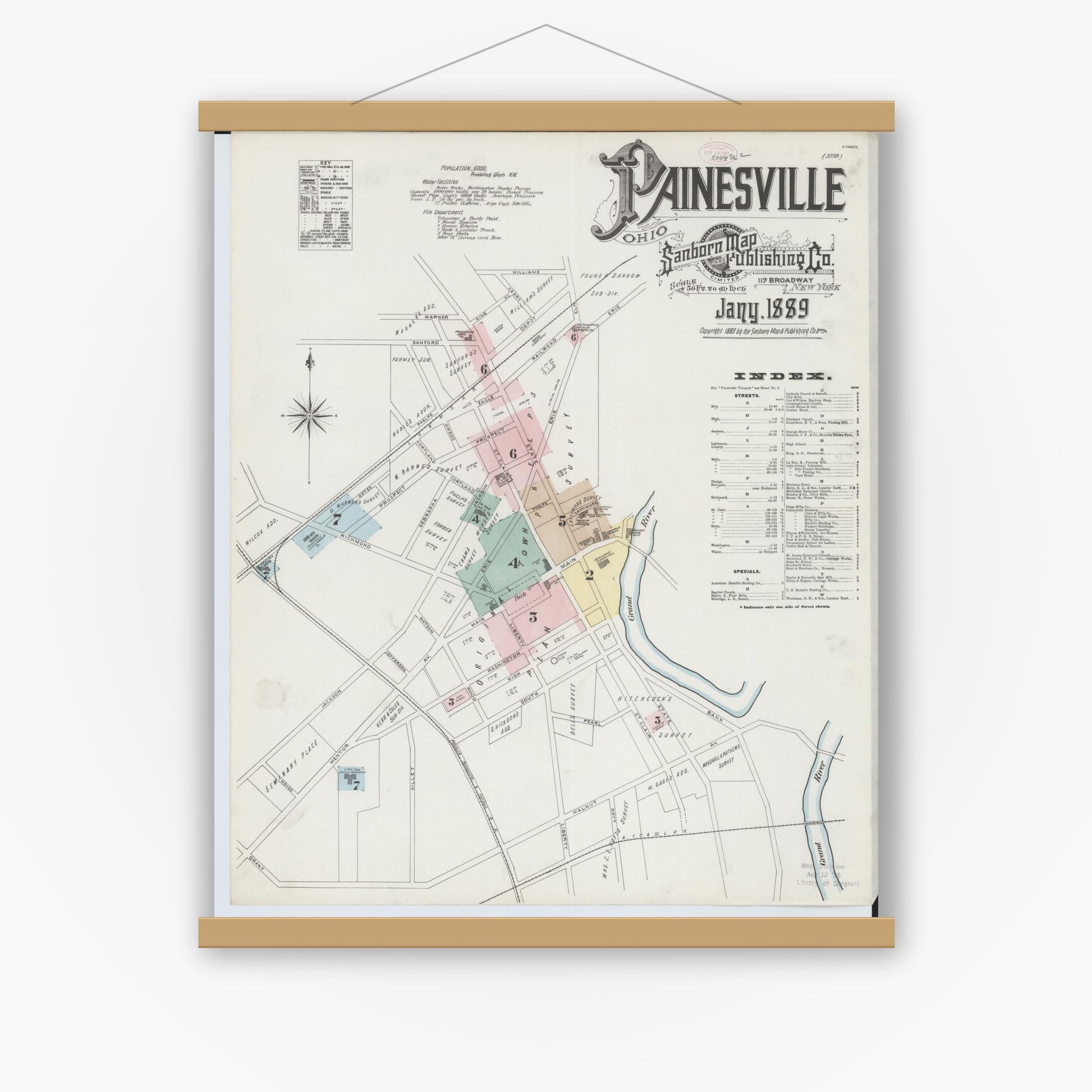 Old map wall art mockup — magnetic wood frame on white wall — Sanborn Fire Insurance Map from Painesville, Lake County, Ohio (1889) - Complete Map Set