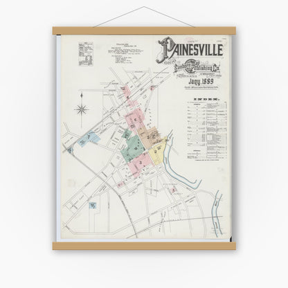 Old map wall art mockup — magnetic wood frame on white wall — Sanborn Fire Insurance Map from Painesville, Lake County, Ohio (1889) - Complete Map Set
