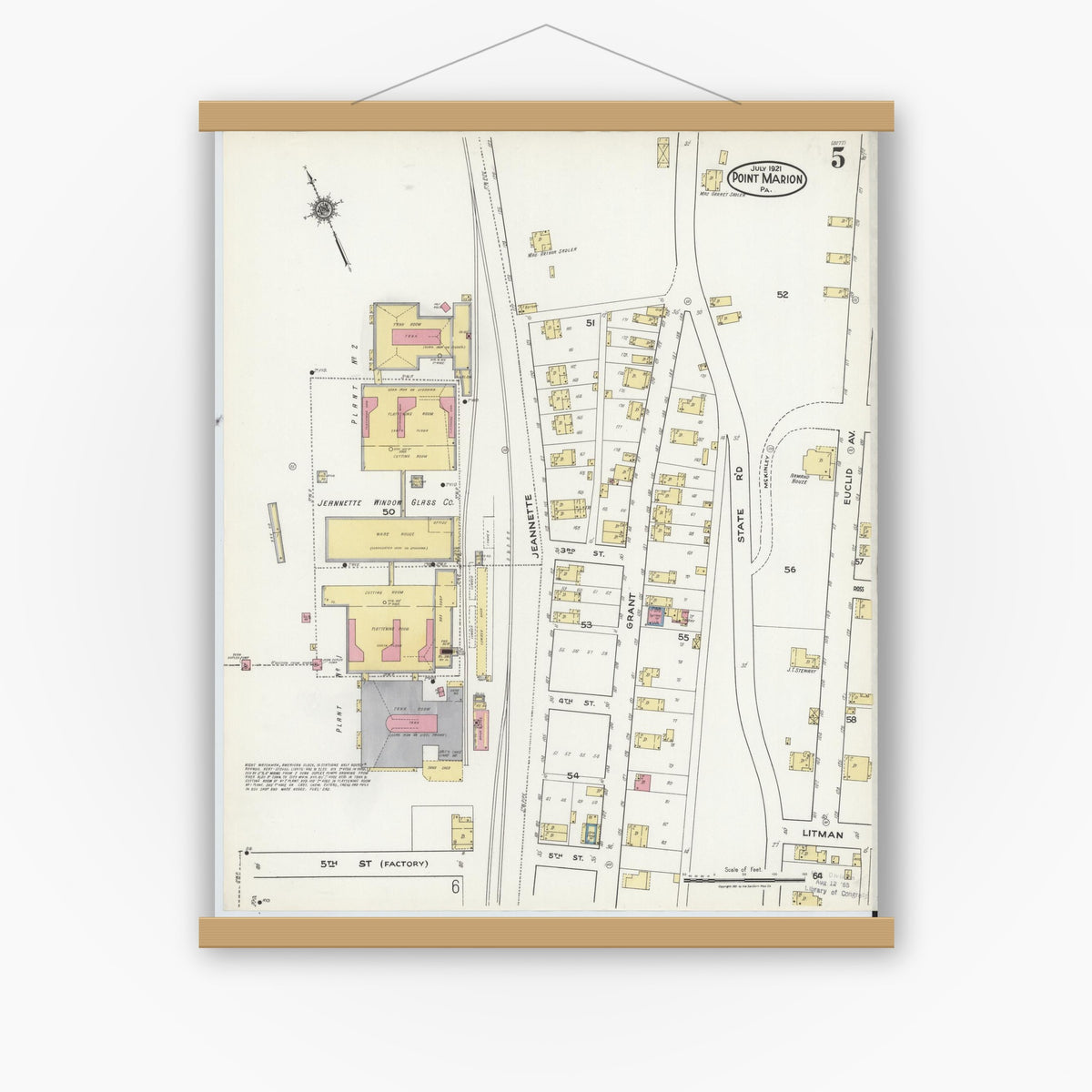 Old map wall art mockup — magnetic wood frame on white wall — Sanborn Fire Insurance Map from Point Marion, Fayette County, Pennsylvania (1921), Sheet #0005