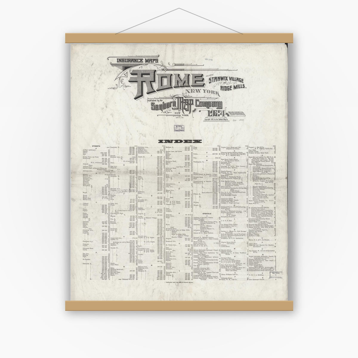Old map wall art mockup — magnetic wood frame on white wall — Sanborn Fire Insurance Map from Rome, Oneida County, New York (1924), Sheet #0001